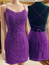 Mermaid Backless Purple Lace Semi Formal Prom Dresses, Mermaid Purple Homecoming Dresses, Short Purple Lace Formal Evening Dresses